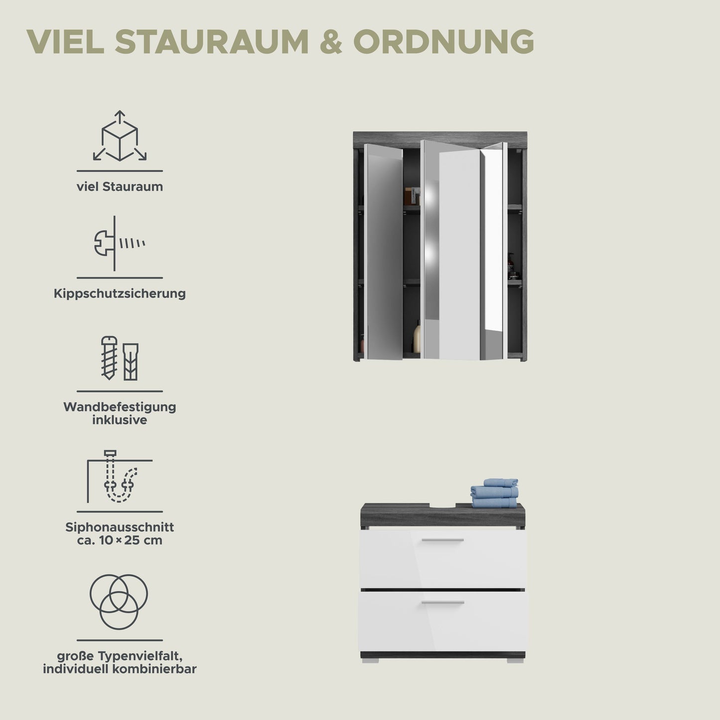 Infografik zum Badezimmerset: viel Stauraum, Kippschutzsicherung, verstellbare Einlegeböden