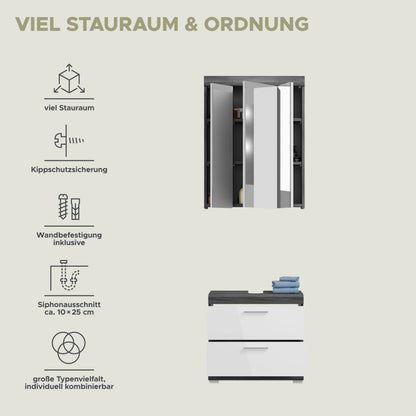 Infografik zum Badezimmerset: viel Stauraum, Kippschutzsicherung, verstellbare Einlegeböden