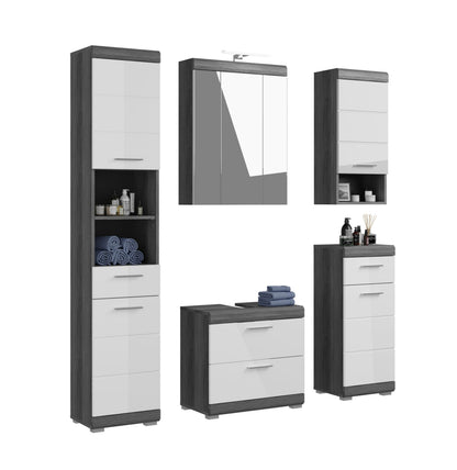 Badezimmerset 5-teilig mit grauem Korpus und weißen Fronten, Spiegelschrank und Hochschrank