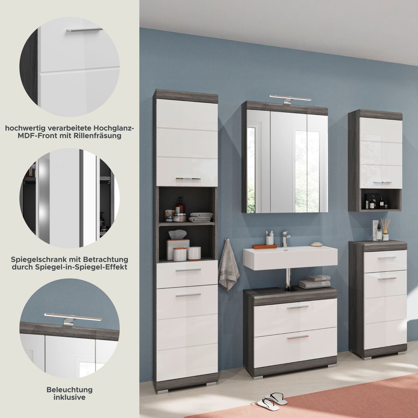 Badezimmerset mit beleuchtetem Spiegelschrank, weißen Fronten und Eiche-Optik