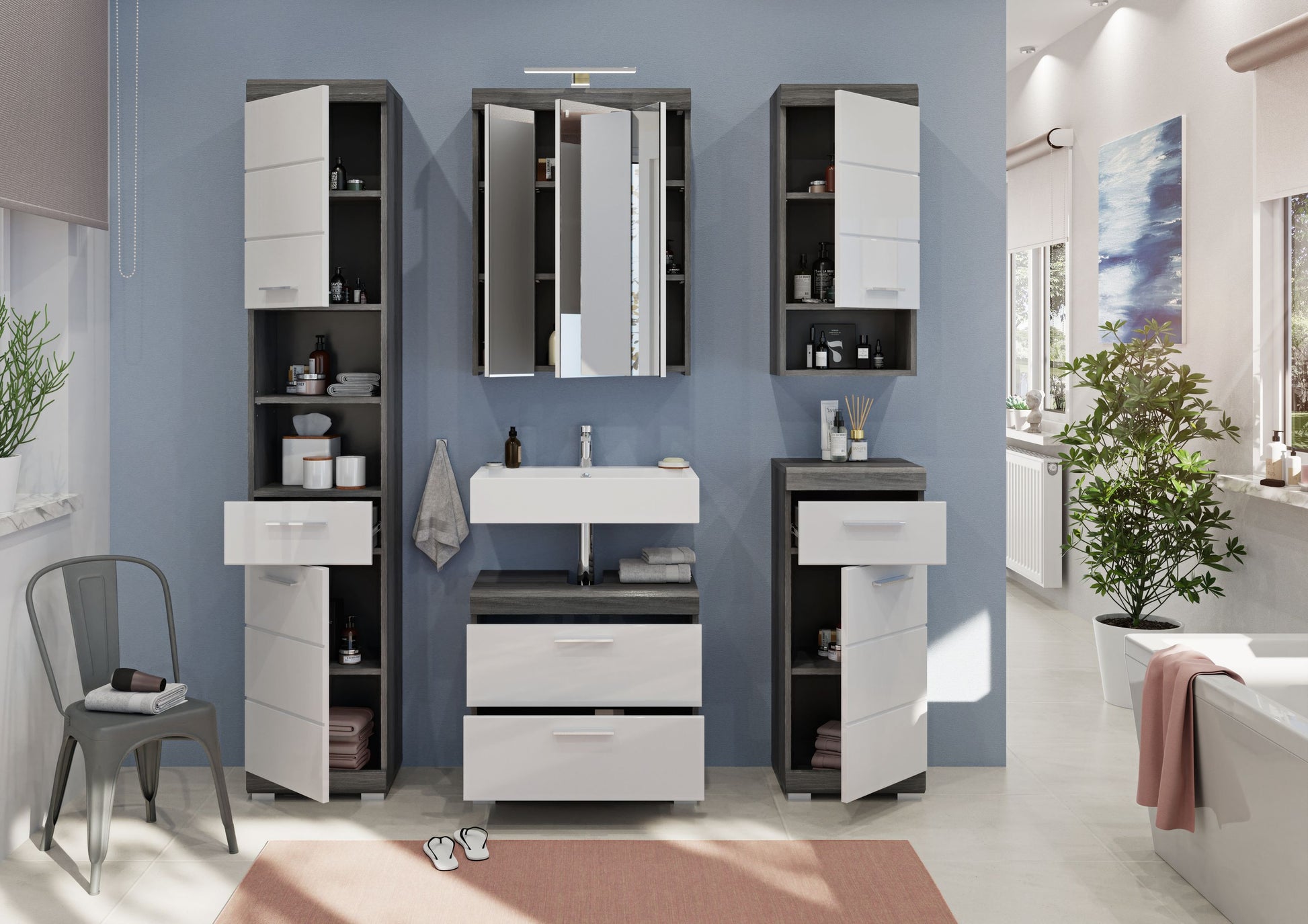 Badezimmerschrank-Set mit Spiegelschränken, Waschtisch und Schubladen in Nischenoptik