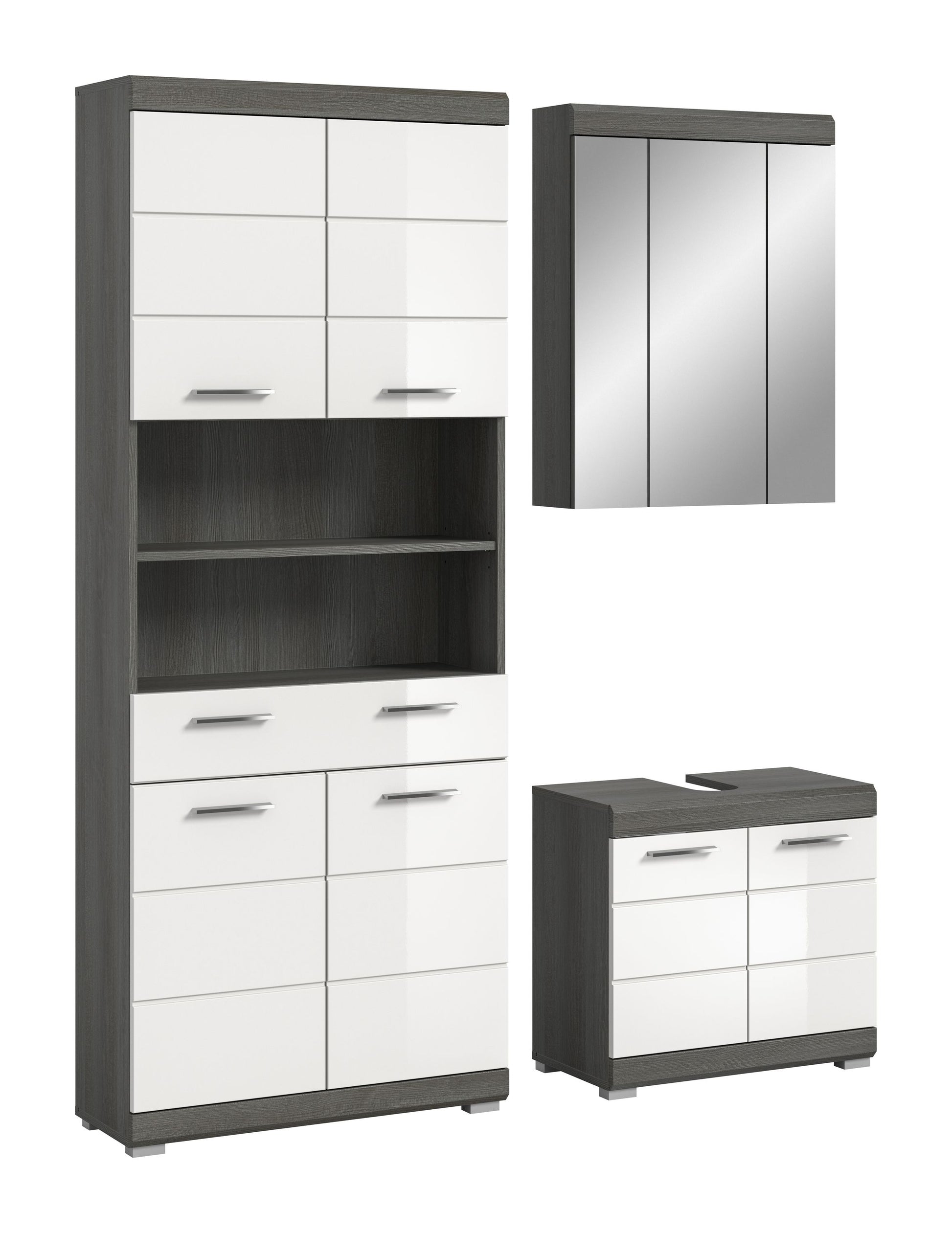 Badezimmerset: Hochschrank mit offenen Fächern, Spiegelschrank und Unterschrank, dunkelgrau/weiß