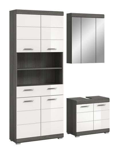 Badezimmerset: Hochschrank mit offenen Fächern, Spiegelschrank und Unterschrank, dunkelgrau/weiß