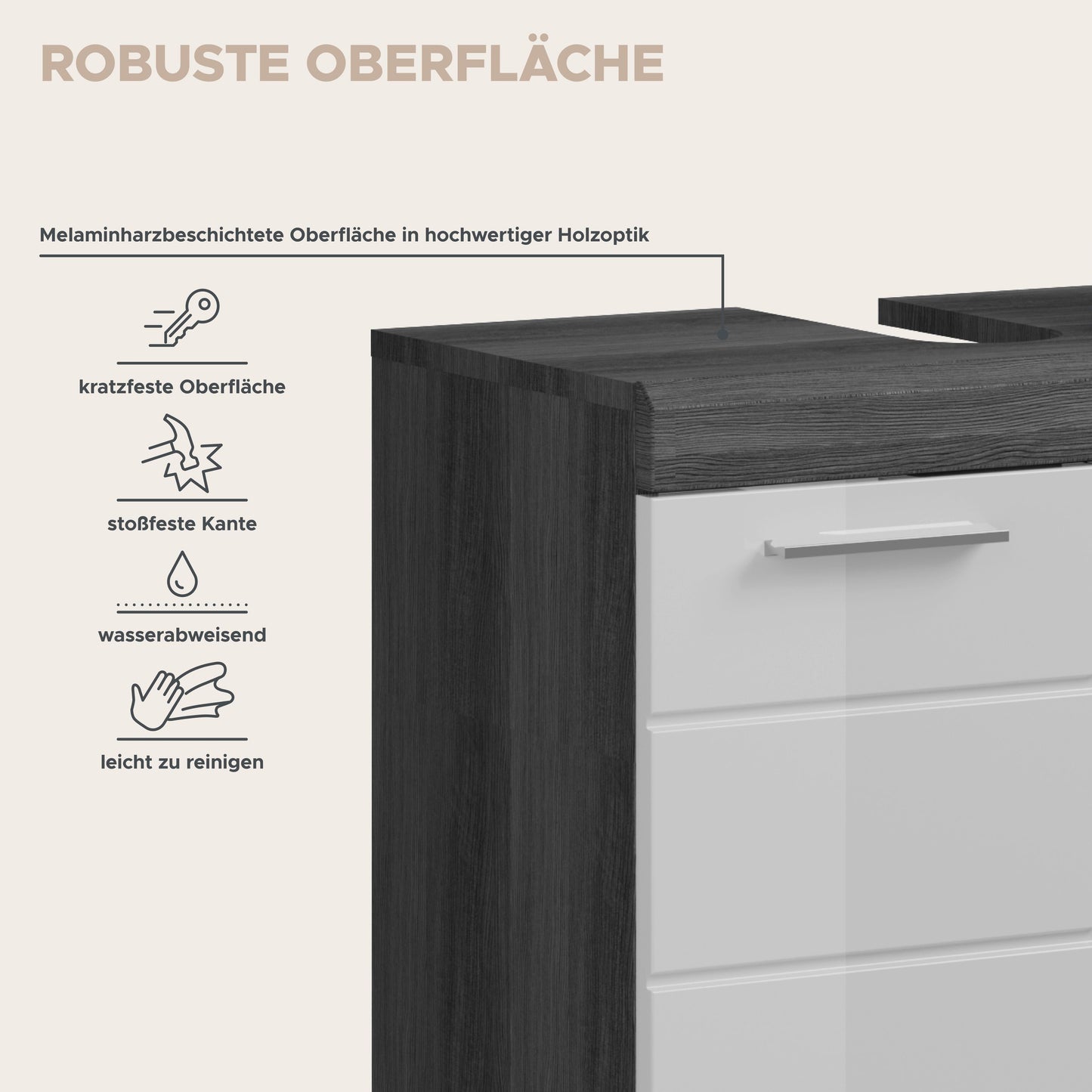 Badezimmerset Detail: dunkle Arbeitsplatte und weiße Schubladenfront, eckiger Korpus
