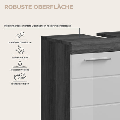 Badezimmerset Detail: dunkle Arbeitsplatte und weiße Schubladenfront, eckiger Korpus