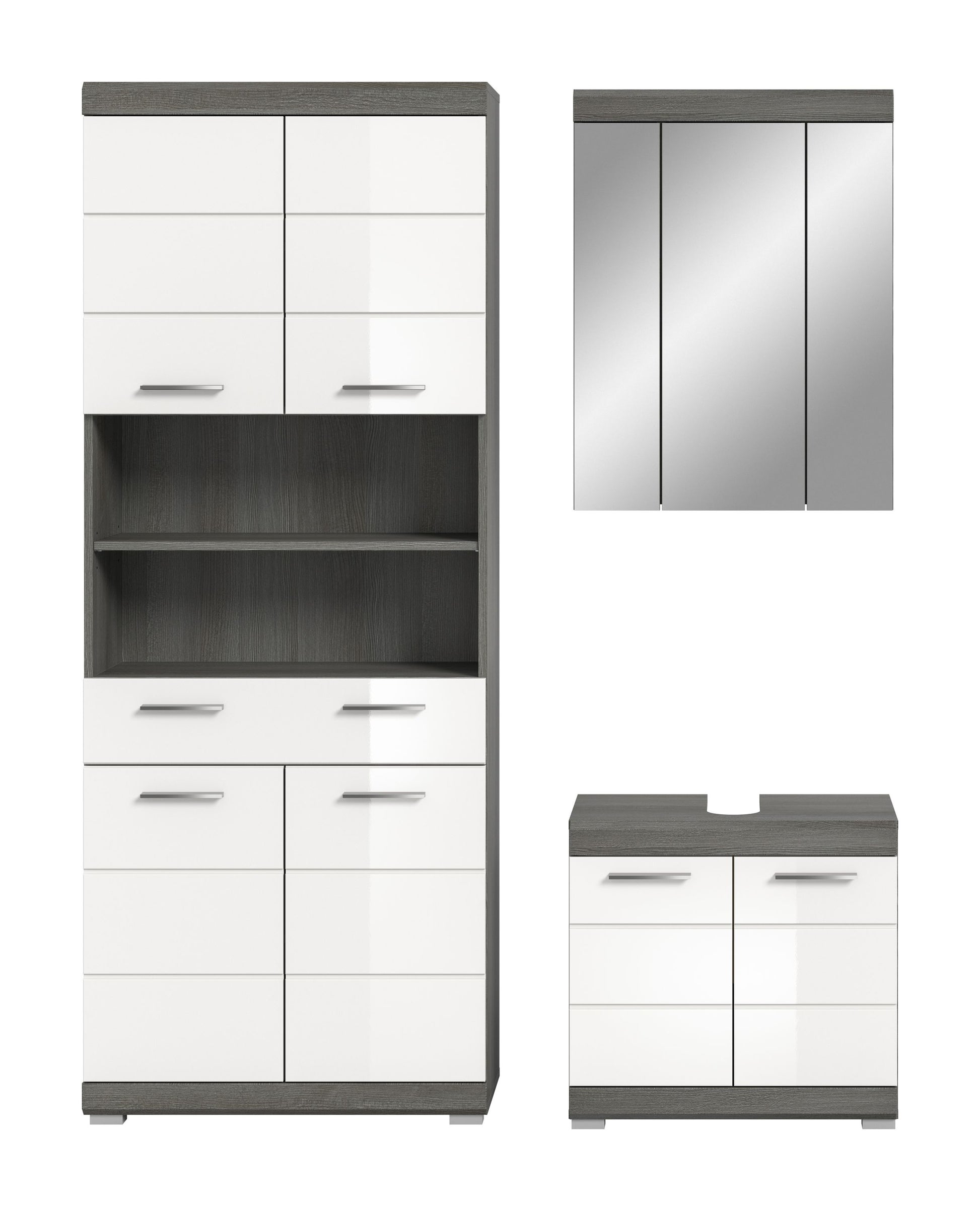 Badezimmerset: Spiegelschrank mit dreitürigem Design und Unterschrank, dunkelgrau/weiß