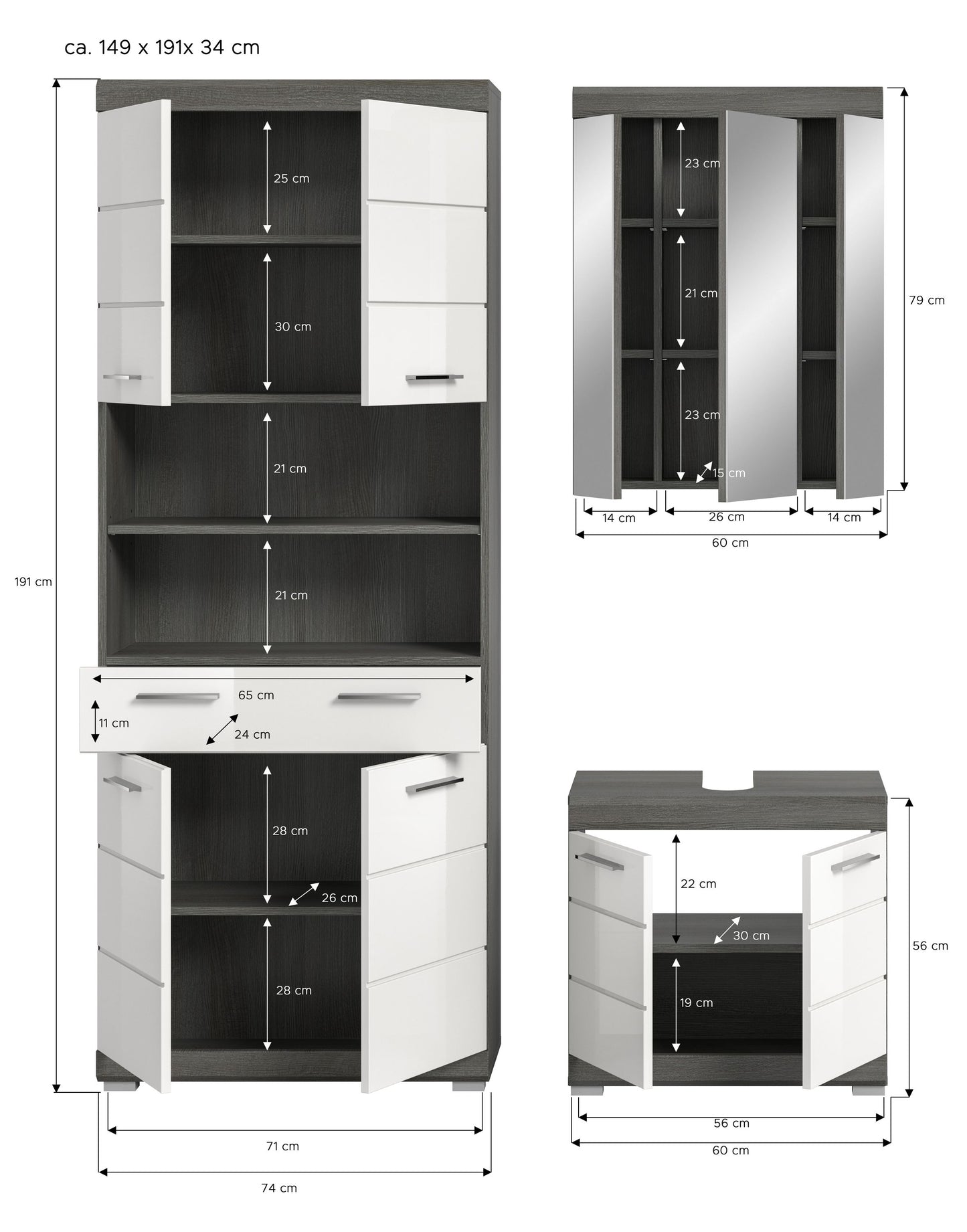 Badezimmerset in Maßskizze: Hochschrank mit Schubladen, Spiegelschrank und Unterschrank, weiß/dunkel