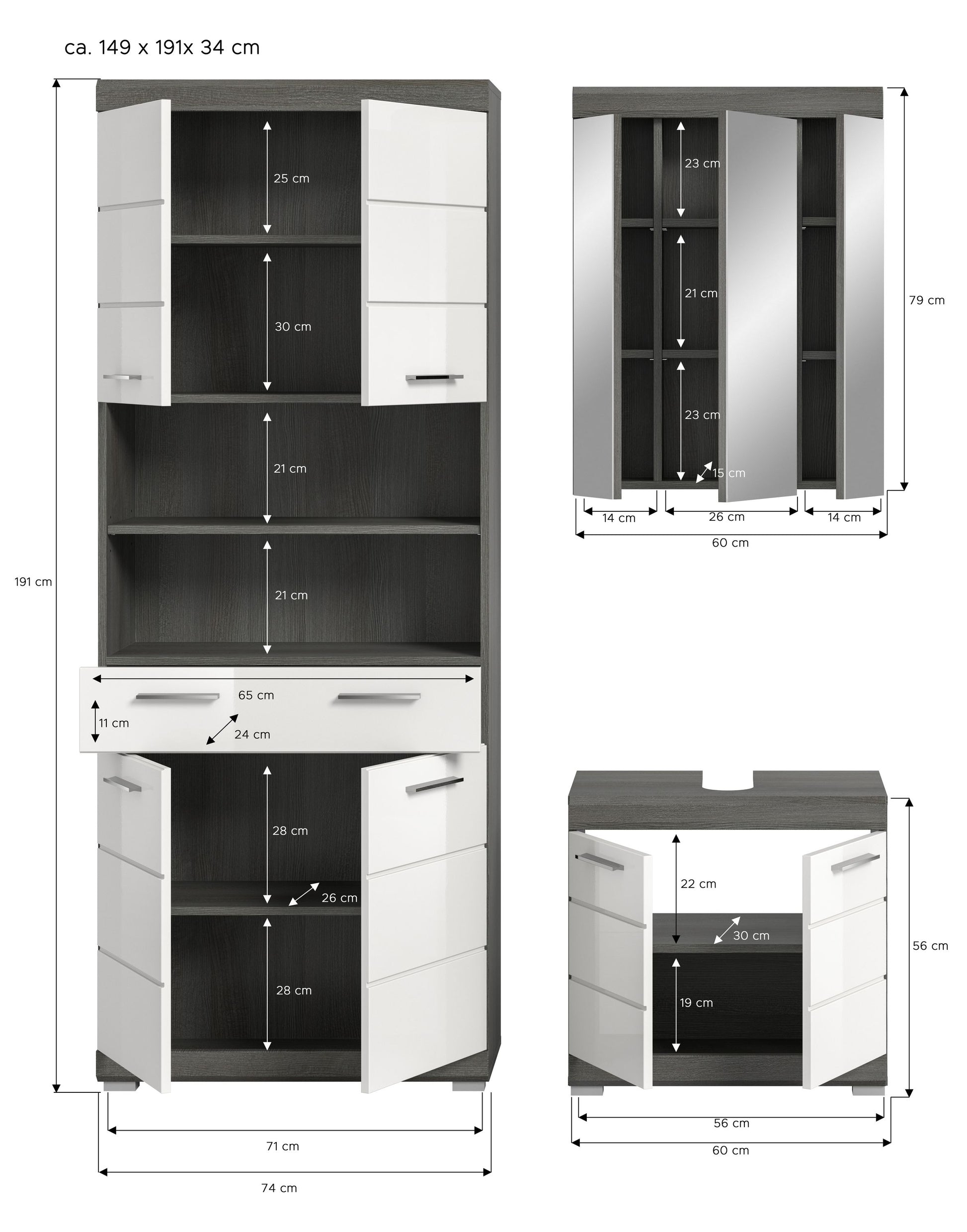 Badezimmerset in Maßskizze: Hochschrank mit Schubladen, Spiegelschrank und Unterschrank, weiß/dunkel