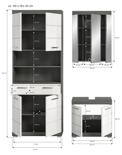 Badezimmerset in Maßskizze: Hochschrank mit Schubladen, Spiegelschrank und Unterschrank, weiß/dunkel
