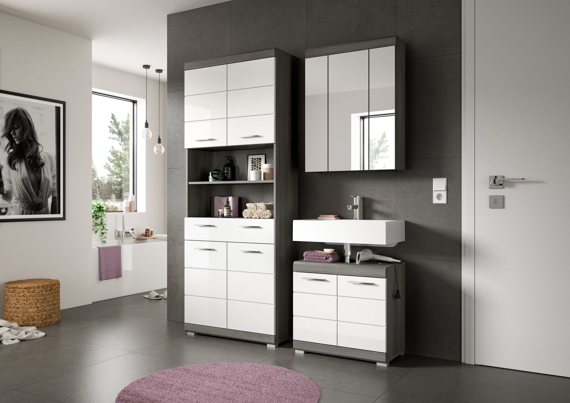 Badezimmerset mit Waschbecken-Unterschrank und Spiegelschrank sowie Hochschränken, dunkelgrau/weiß