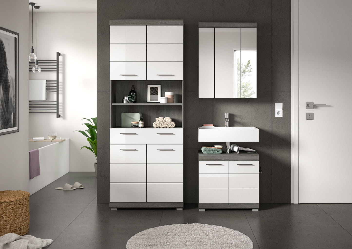Badezimmerset: Hochschrank und Waschbecken-Unterschrank mit Spiegelschrank, dunkelgrau/weiß