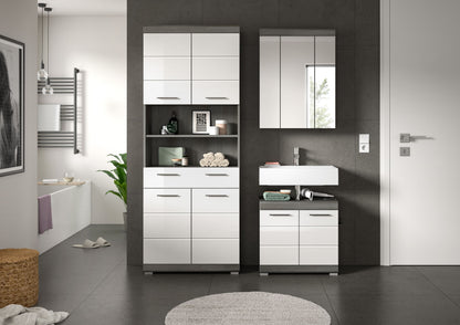 Badezimmerset: Hochschrank und Waschbecken-Unterschrank mit Spiegelschrank, dunkelgrau/weiß