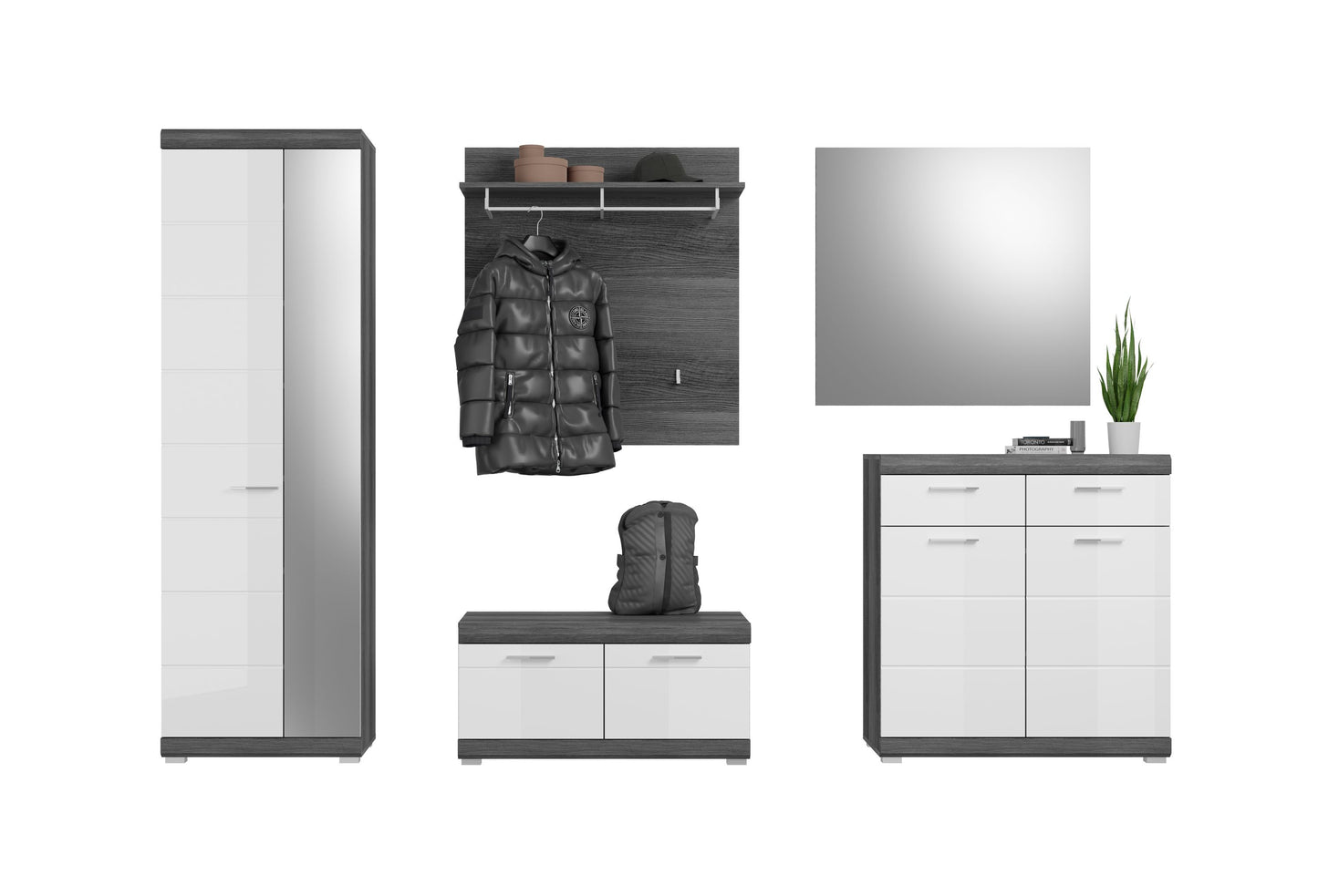 Garderobenset auf weiß: hoher Schrank, Hängeschrank, Spiegel-Kommode und Bank