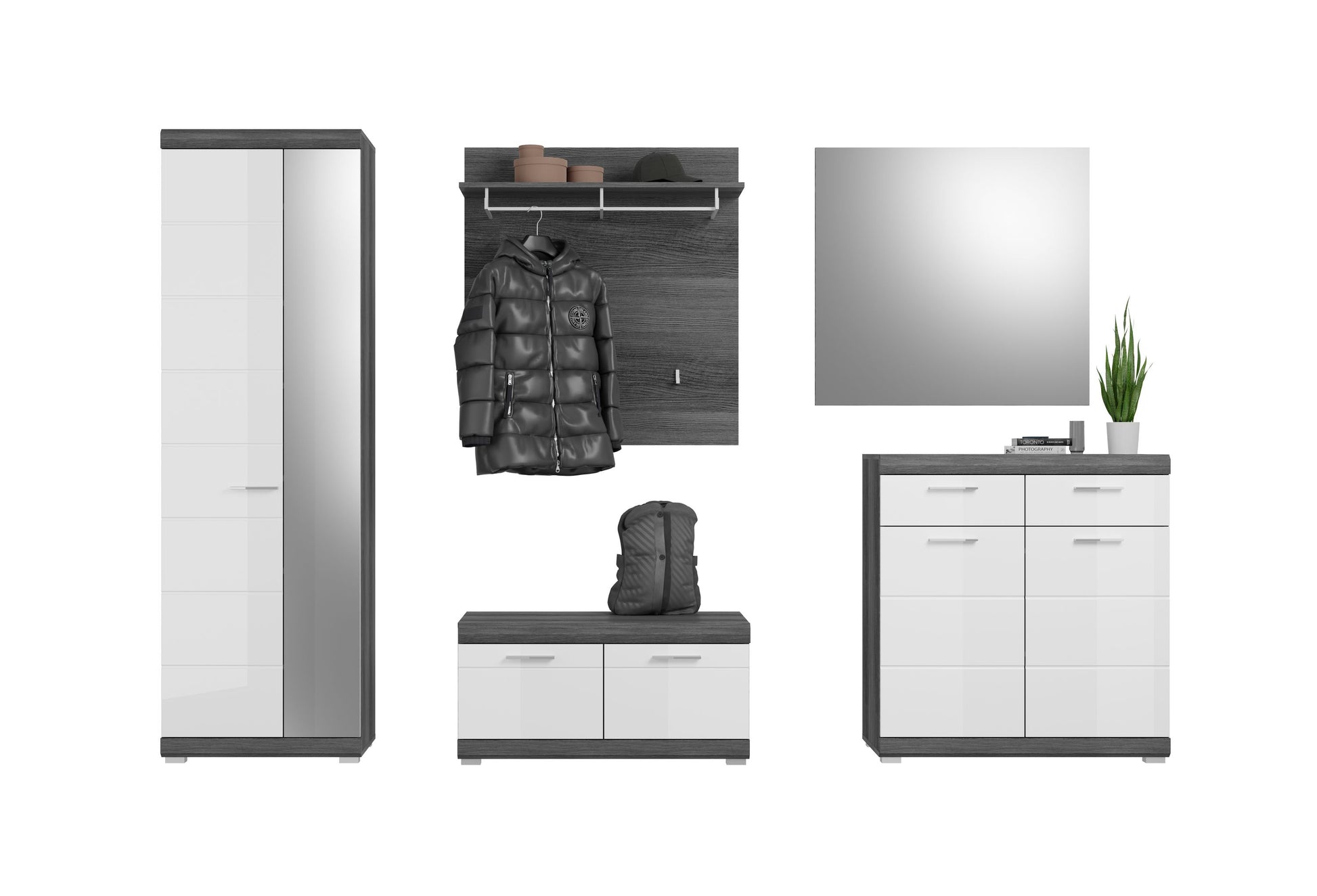 Garderobenset auf weiß: hoher Schrank, Hängeschrank, Spiegel-Kommode und Bank