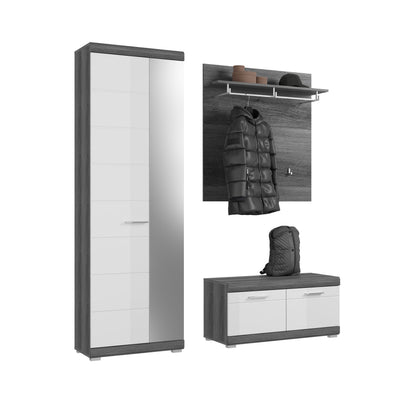 Garderobenset mit Spiegelschrank, Garderobenbank und Wandpaneel mit Ablage und Haken, dunkelgrau/weiß