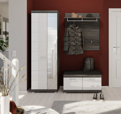 Garderobenset mit Spiegelschrank, Wandpaneel mit Ablage und Haken sowie Garderobenbank, grau/weiß