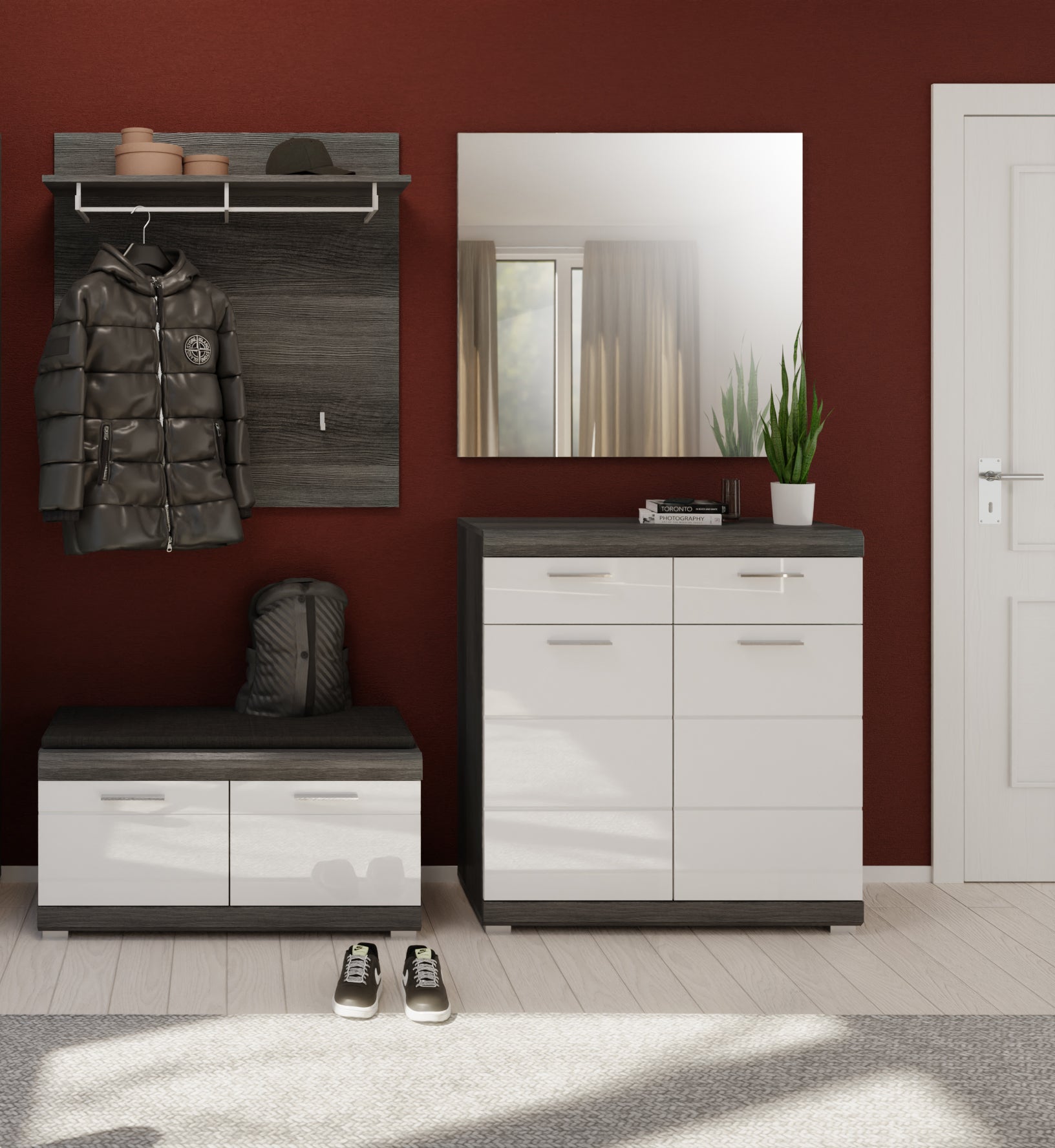 Garderobenset mit Spiegel, Schuhbank und Garderobenschrank; weiße Fronten, dunkle Holzoptik