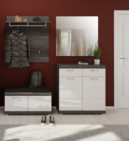 Garderobenset mit Spiegel, Schuhbank und Garderobenschrank; weiße Fronten, dunkle Holzoptik