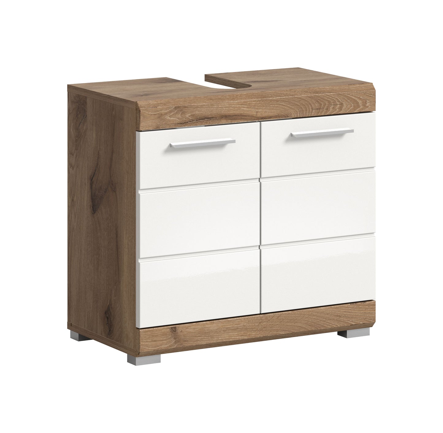 Waschbeckenunterschrank 60 cm, weiß glänzend mit geölten Holzseiten und zwei Türen