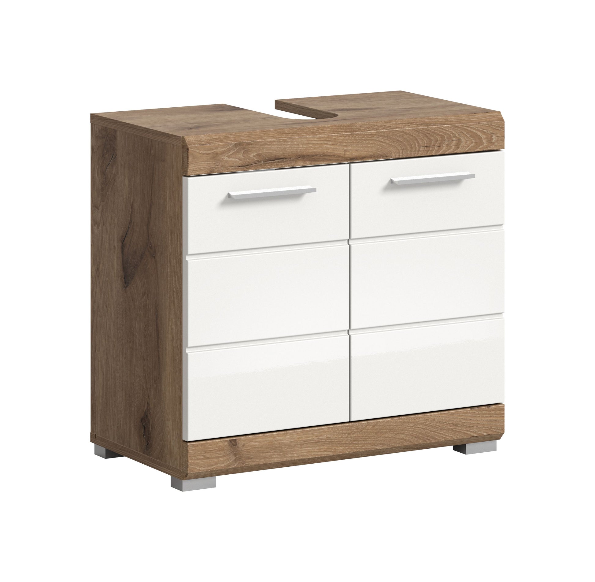 Waschbeckenunterschrank 60 cm, weiß glänzend mit geölten Holzseiten und zwei Türen