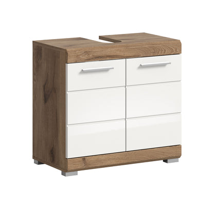 Waschbeckenunterschrank 60 cm, weiß glänzend mit geölten Holzseiten und zwei Türen