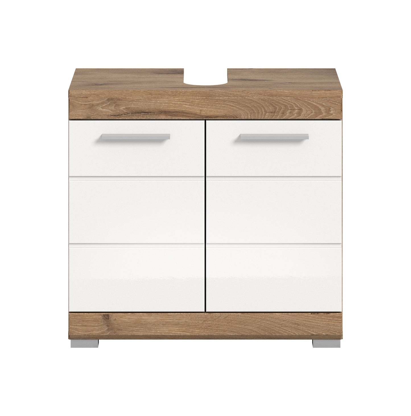 Waschbeckenunterschrank 60 cm, weiß glänzend mit Holzplatte und Schubladen