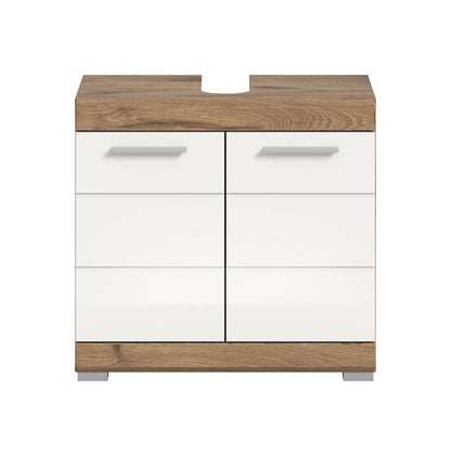 Waschbeckenunterschrank 60 cm, weiß glänzend mit Holzplatte und Schubladen