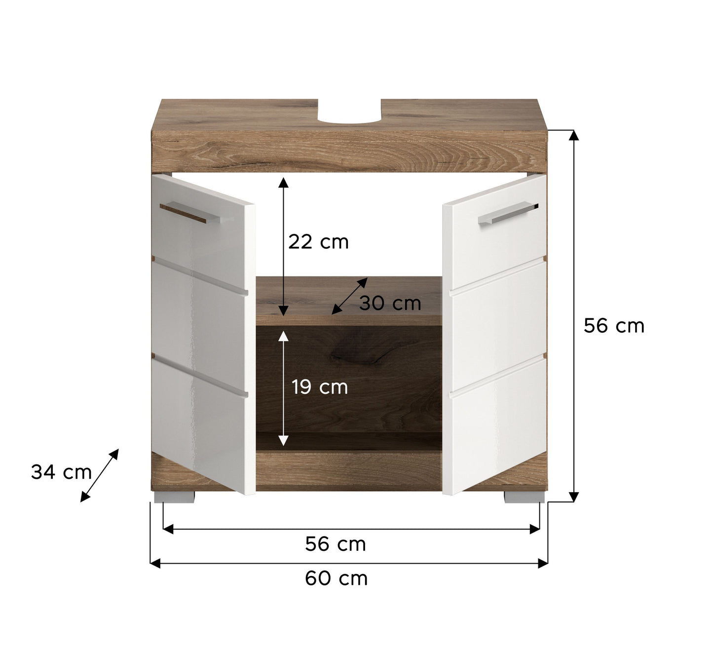 Maßgrafik: Waschbeckenunterschrank 60 cm breit, weiß glänzend mit Holzfront