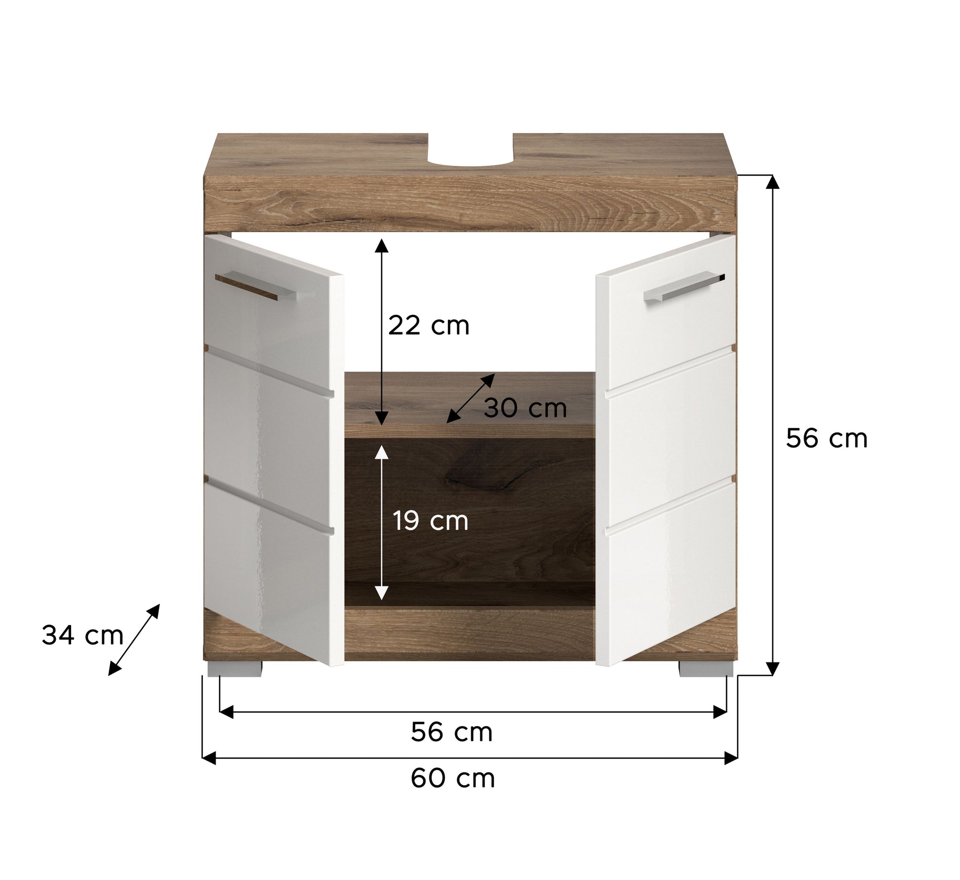 Maßgrafik: Waschbeckenunterschrank 60 cm breit, weiß glänzend mit Holzfront