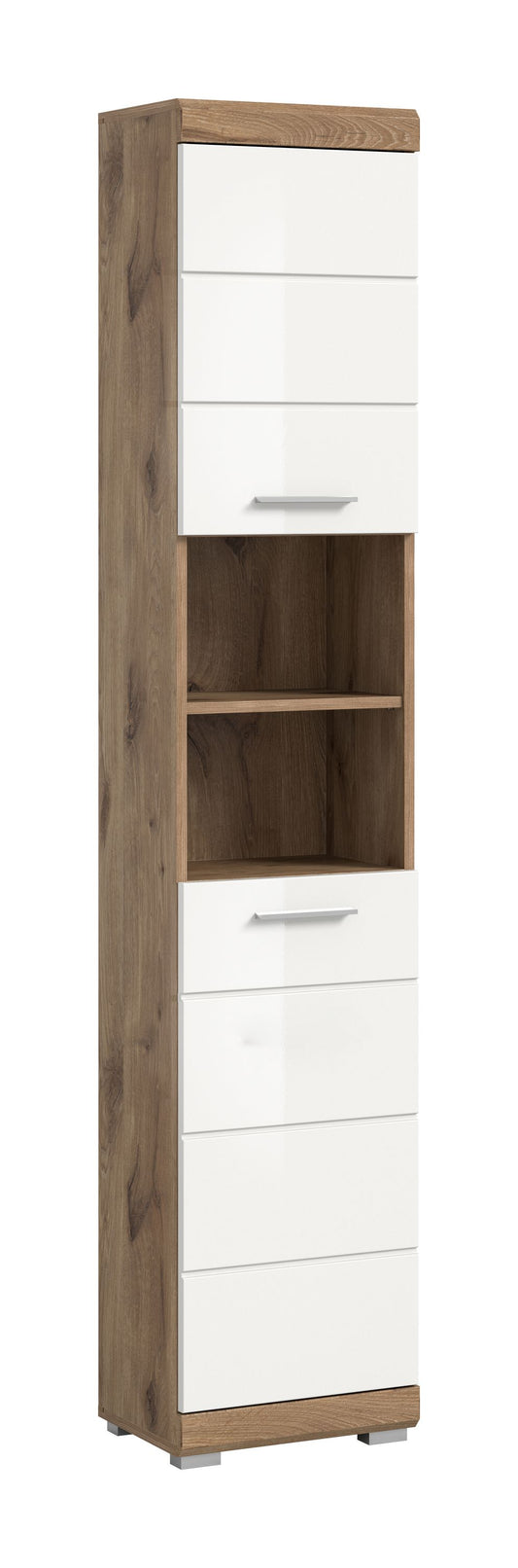 Schmaler Badezimmerhochschrank mit weißem Hochglanz und Holzdekor, mit Schubladenfront
