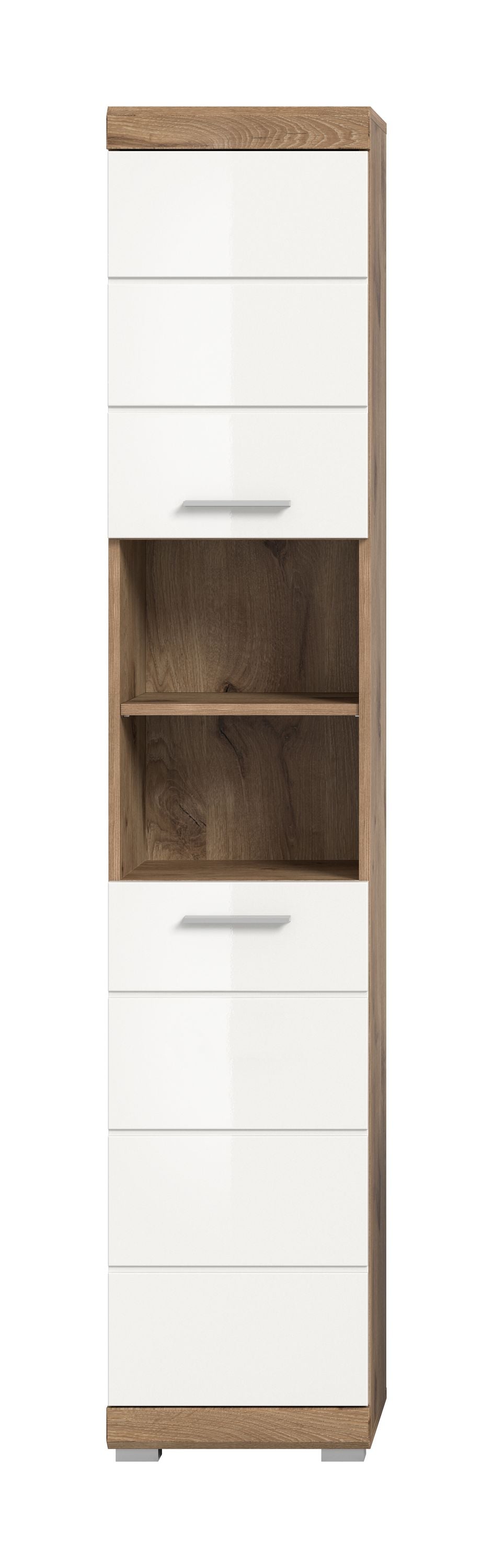 Schmaler Badezimmerhochschrank, weißer Hochglanz mit Holzdekor, offene Fachnische