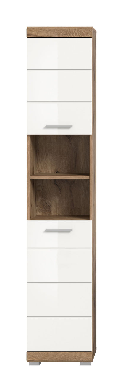 Schmaler Badezimmerhochschrank, weißer Hochglanz mit Holzdekor, offene Fachnische
