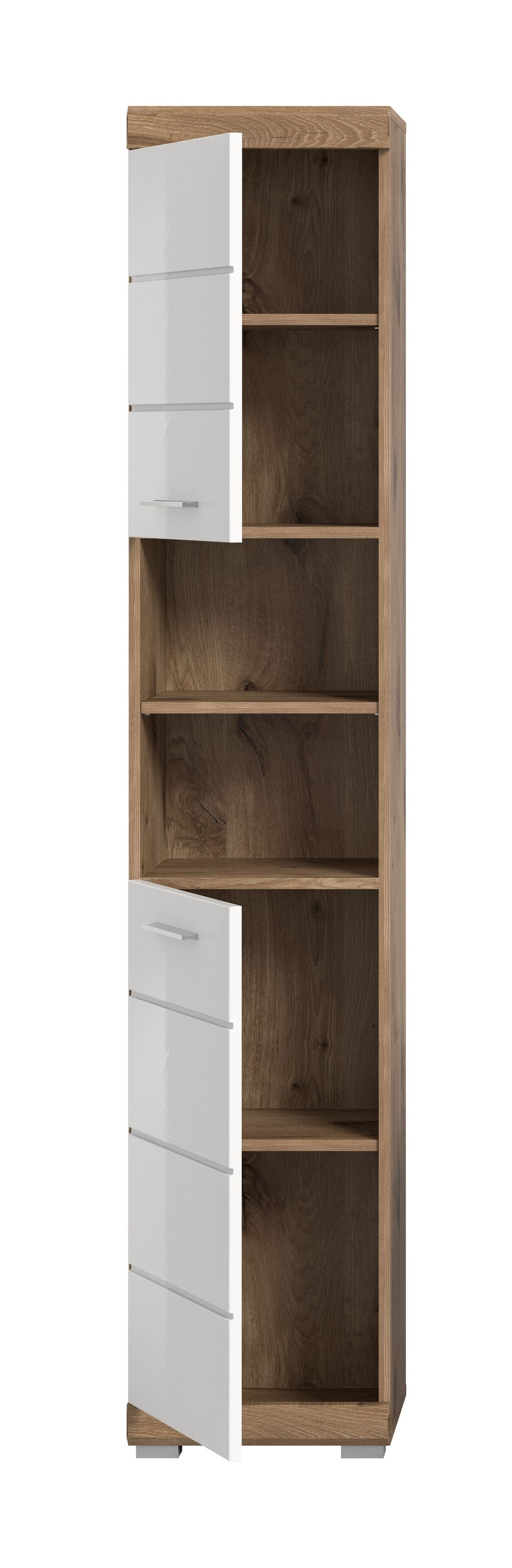Badezimmerhochschrank mit aufgeklappter Tür, innen Regalfächer und weiße Schubfächer
