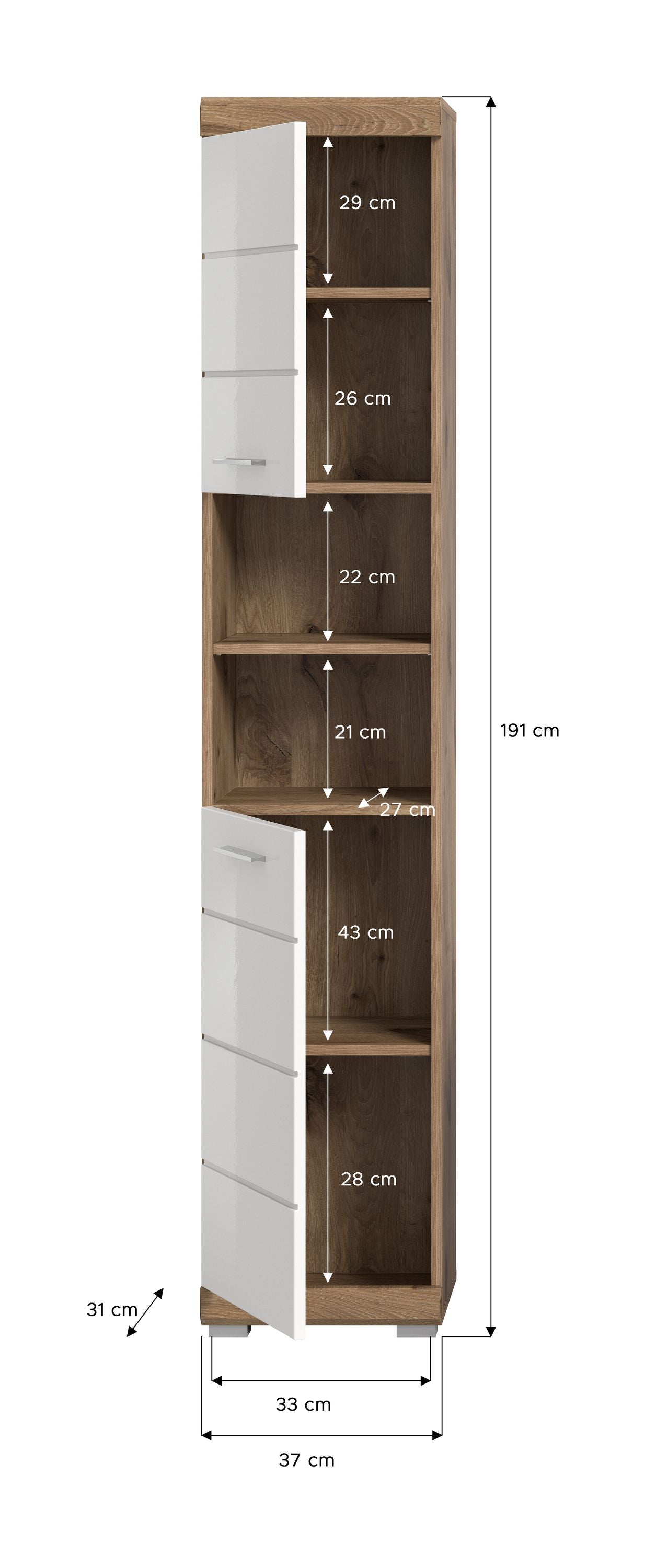 Schmaler Badezimmerhochschrank mit weißem Hochglanz, Holzrahmen; mit Maßangaben