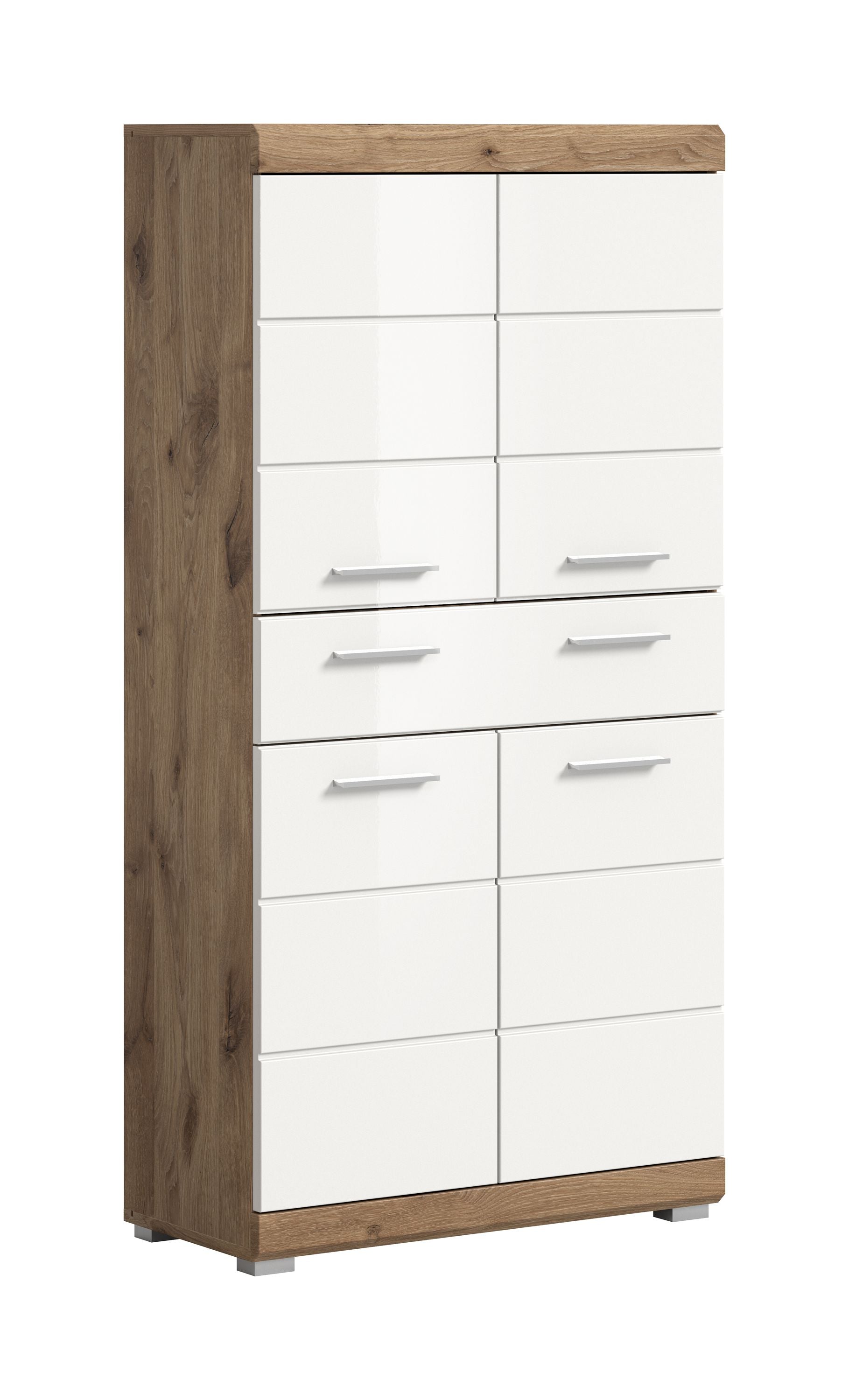 Badezimmerhochschrank mit weißem Hochglanz, Holzseiten und Schubladen mit Griffen