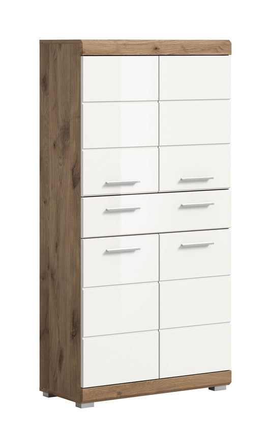 Badezimmerhochschrank mit weißem Hochglanz, Holzseiten und Schubladen mit Griffen