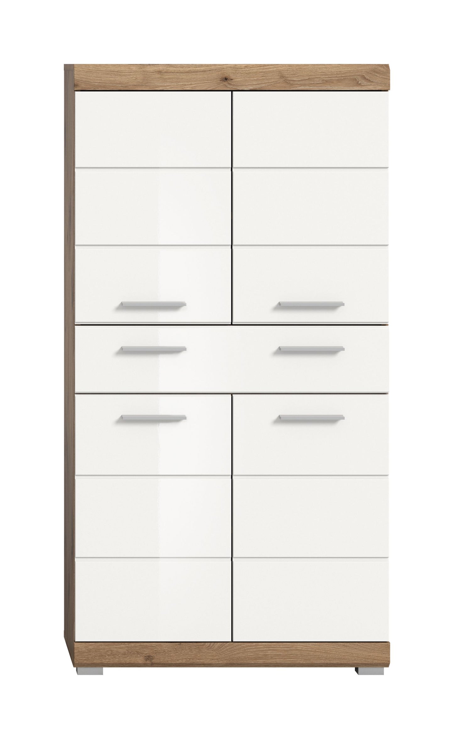 Badezimmerhochschrank weiß Hochglanz mit Holzrahmen und eingelassenen Griffen
