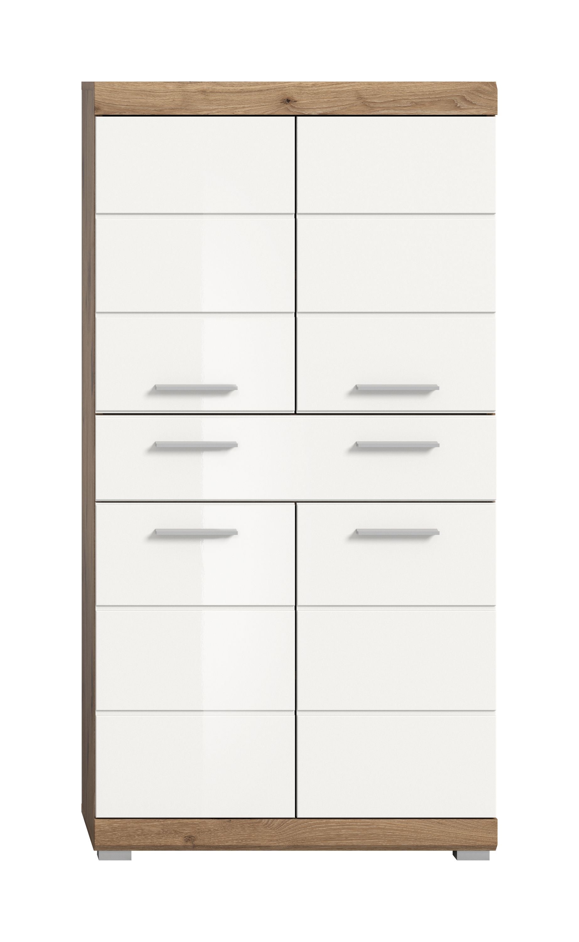Badezimmerhochschrank weiß Hochglanz mit Holzrahmen und eingelassenen Griffen