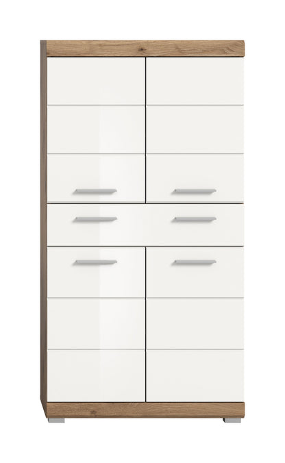 Badezimmerhochschrank weiß Hochglanz mit Holzrahmen und eingelassenen Griffen