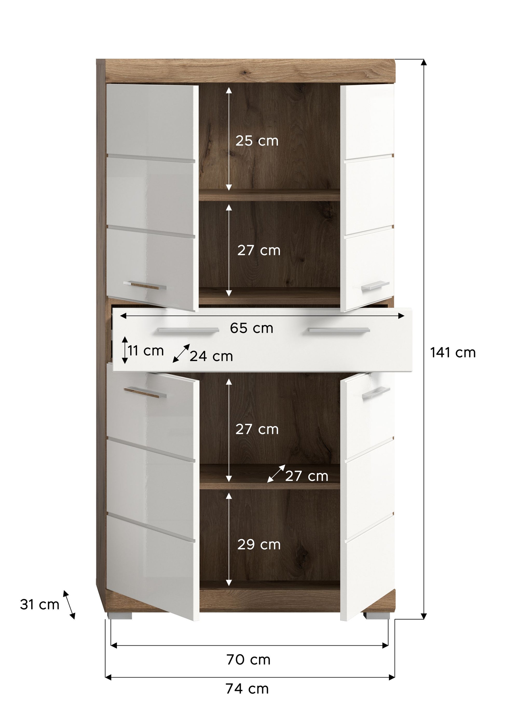 Bad-Hochschrank mit Maßen: 141 cm hoch, 74 cm breit, 31 cm tief