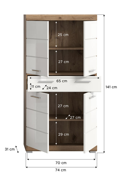 Bad-Hochschrank mit Maßen: 141 cm hoch, 74 cm breit, 31 cm tief