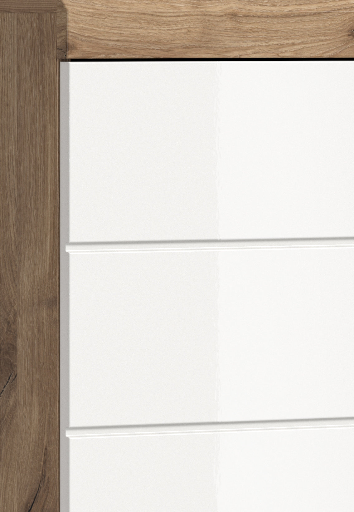 Weiße Hochglanz-Schrankfront mit senkrechten Fugen und schlichten Metallgriffen