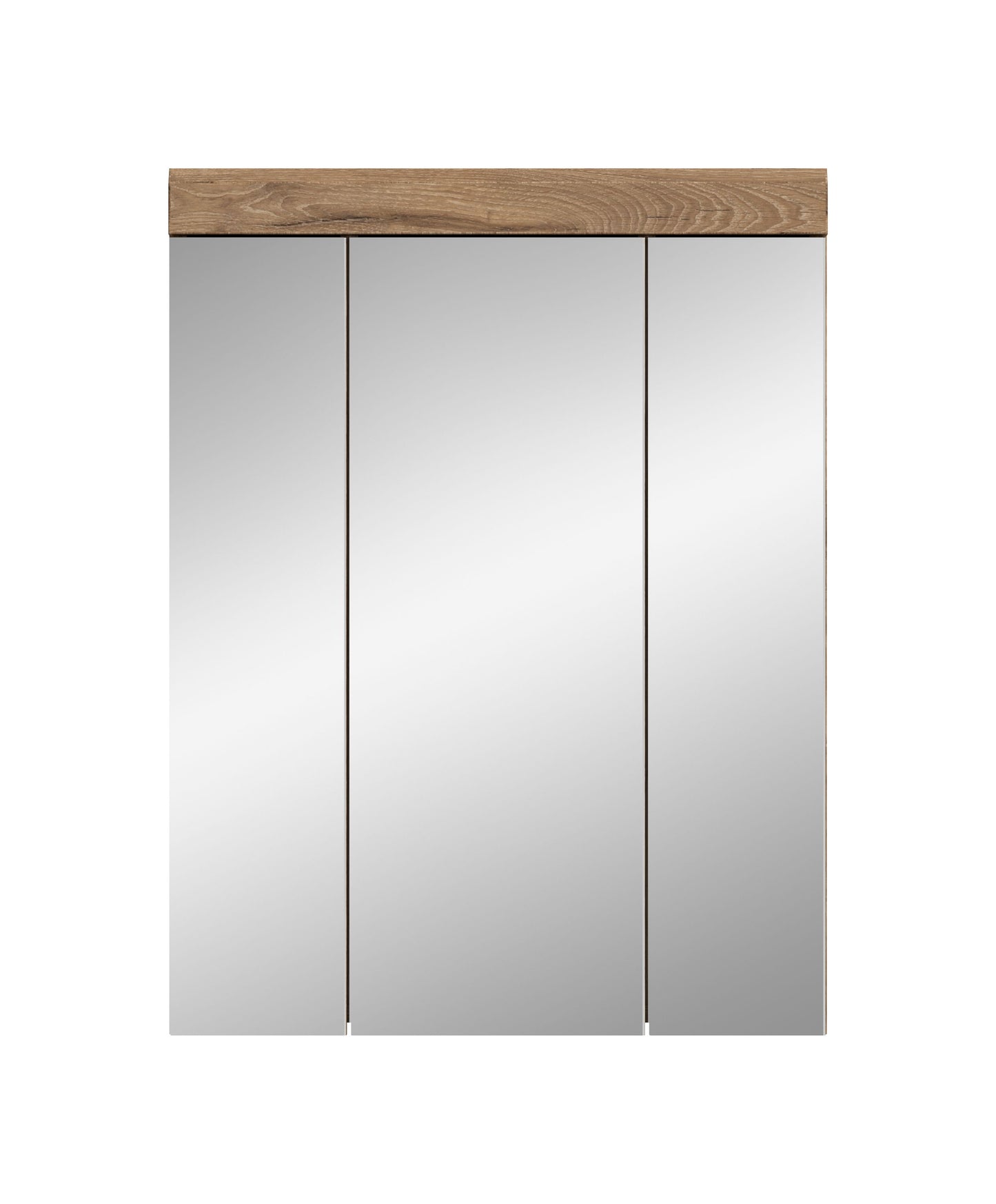 Badezimmerspiegelschrank mit drei Spiegeltüren und Holzdekor-Oberkante, gerade Front.