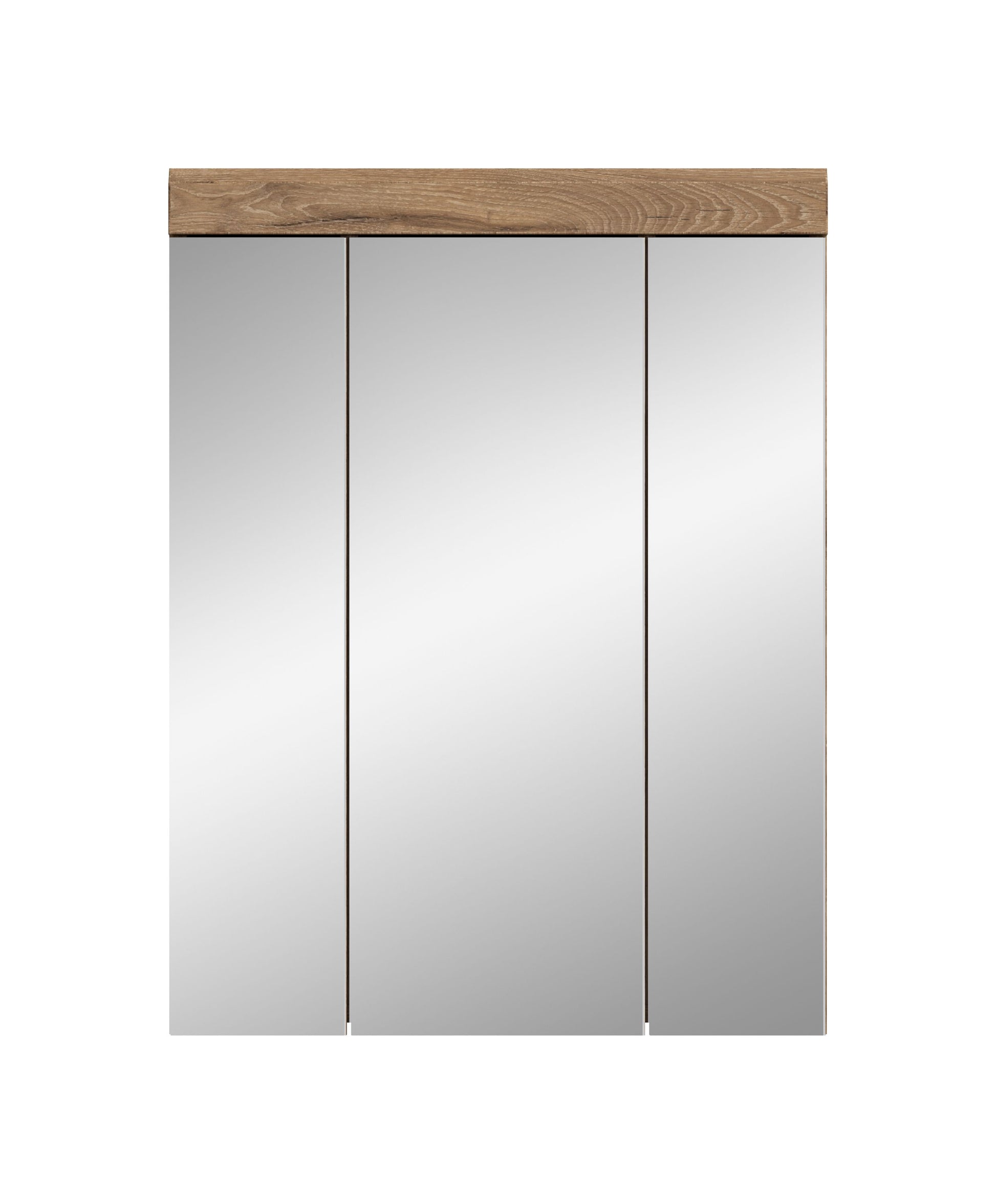 Badezimmerspiegelschrank mit drei Spiegeltüren und Holzdekor-Oberkante, gerade Front.