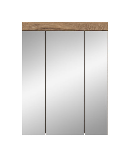 Badezimmerspiegelschrank mit drei Spiegeltüren und Holzdekor-Oberkante, gerade Front.
