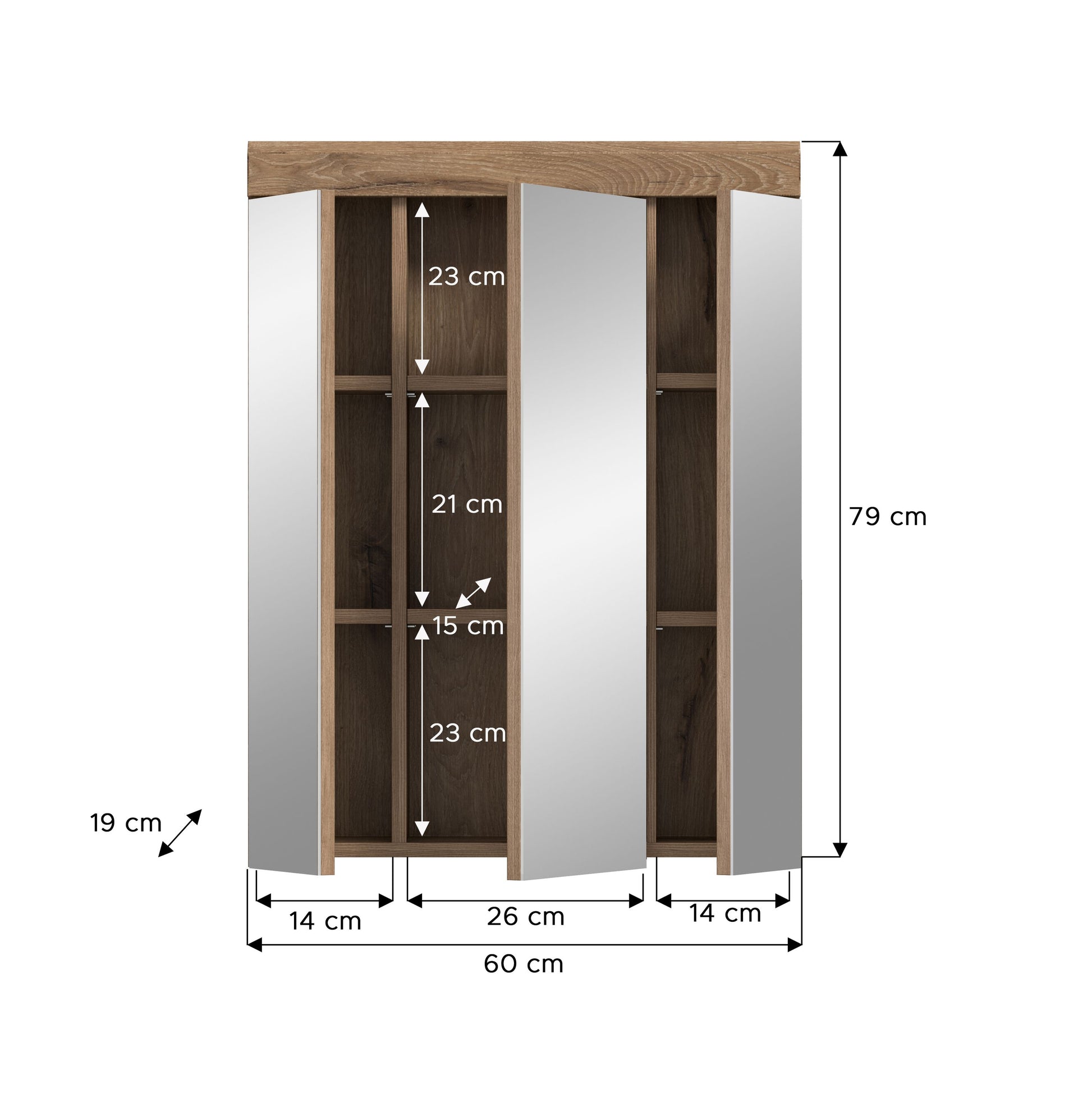 Badezimmerspiegelschrank Maße: 60 cm Breite, 79 cm Höhe, Detail mit Innenfächern.
