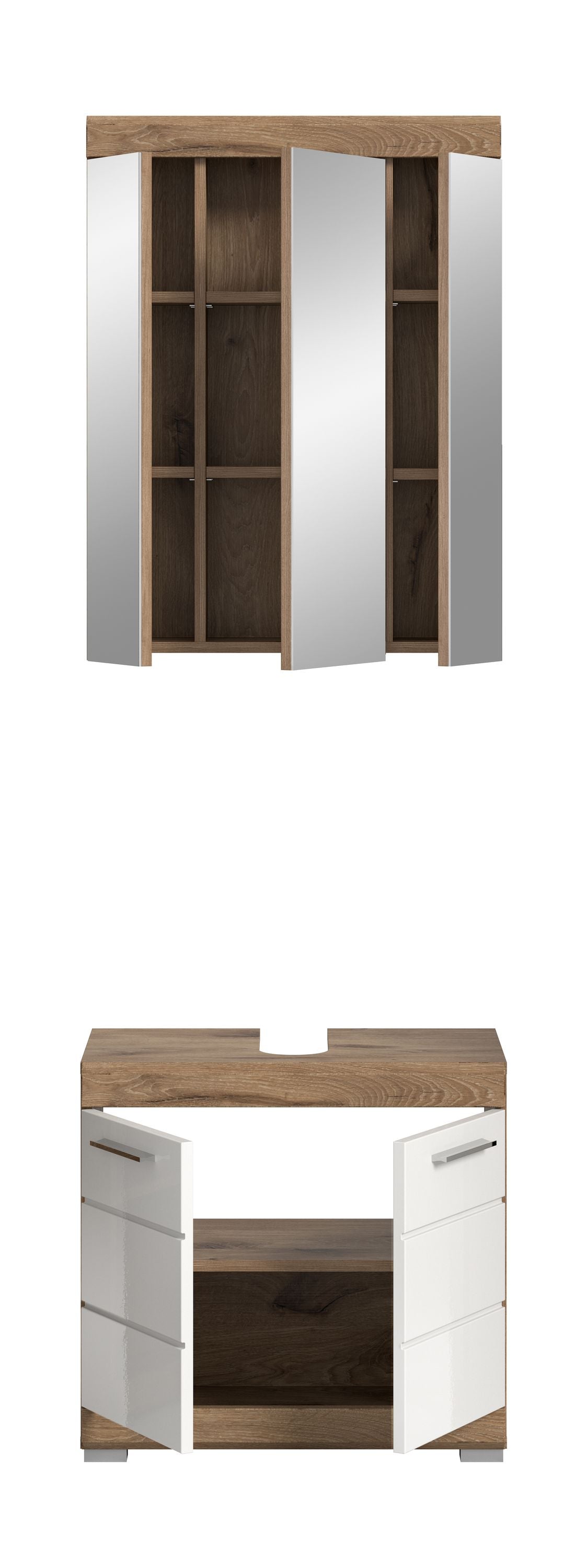 Schrank mit Holzseiten und weißen Türen, innenliegende Fächer