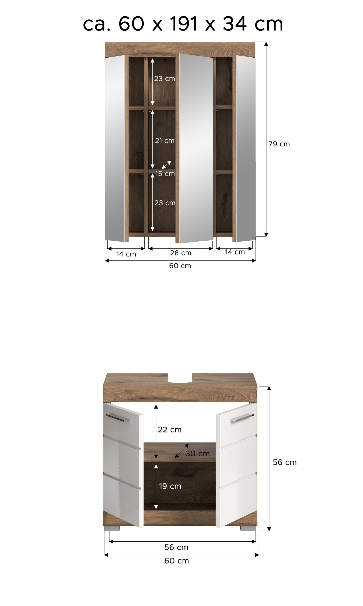 Bad-Unterschrank mit Türen und offenem Fach, Holzplatte, ca. 60 cm Breite