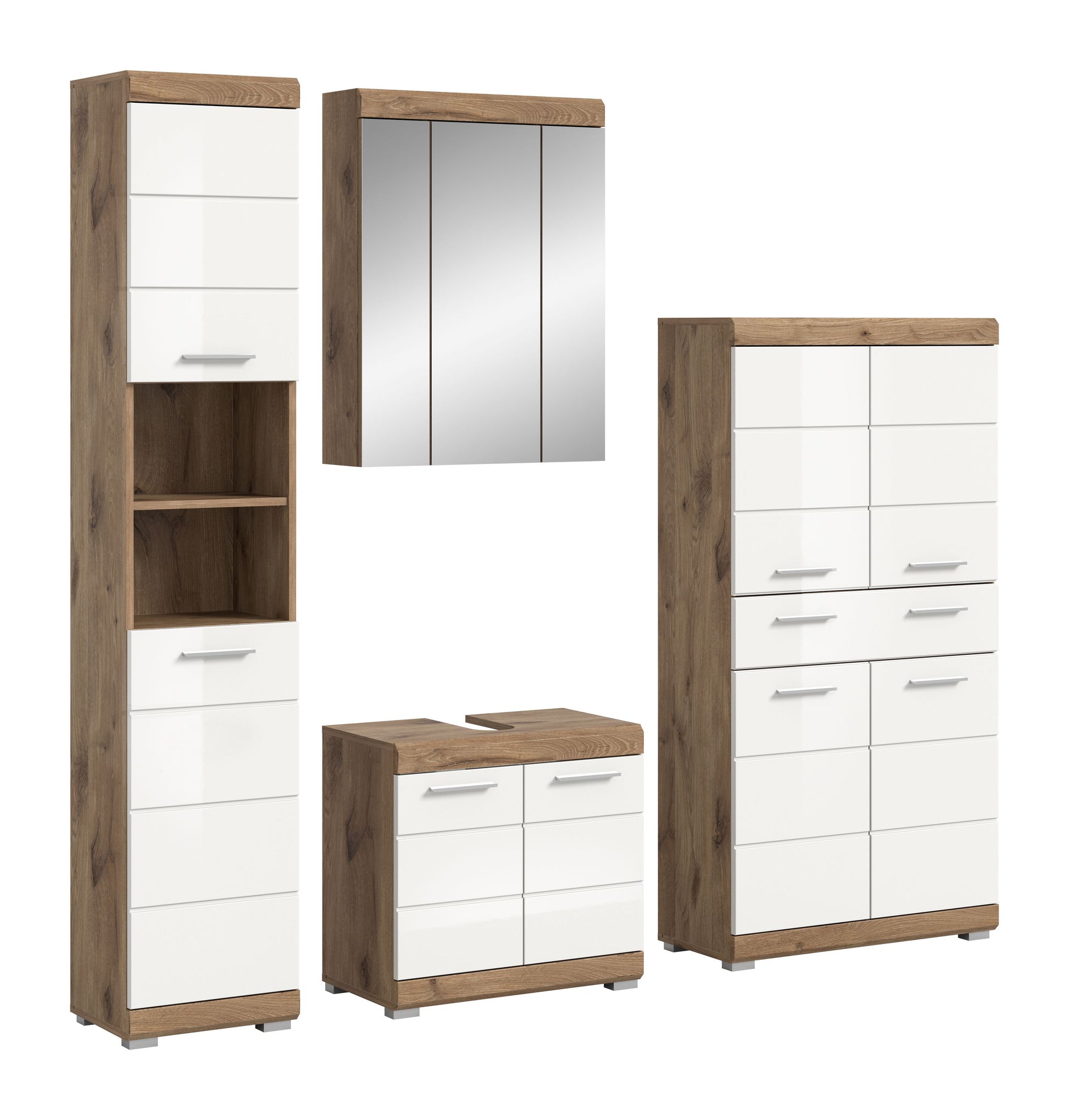 Badezimmerset mit hohem Hochschrank, weißer Front und Holzoptik, mit Griffleisten