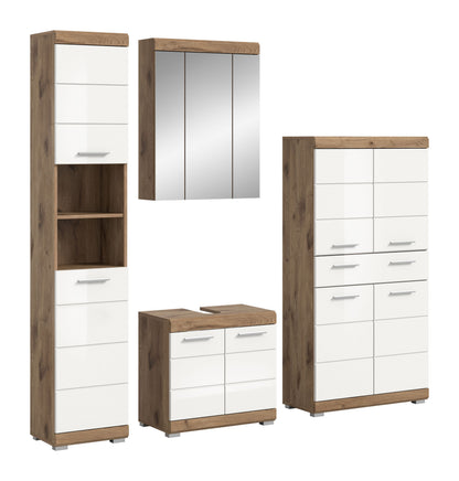Badezimmerset mit hohem Hochschrank, weißer Front und Holzoptik, mit Griffleisten